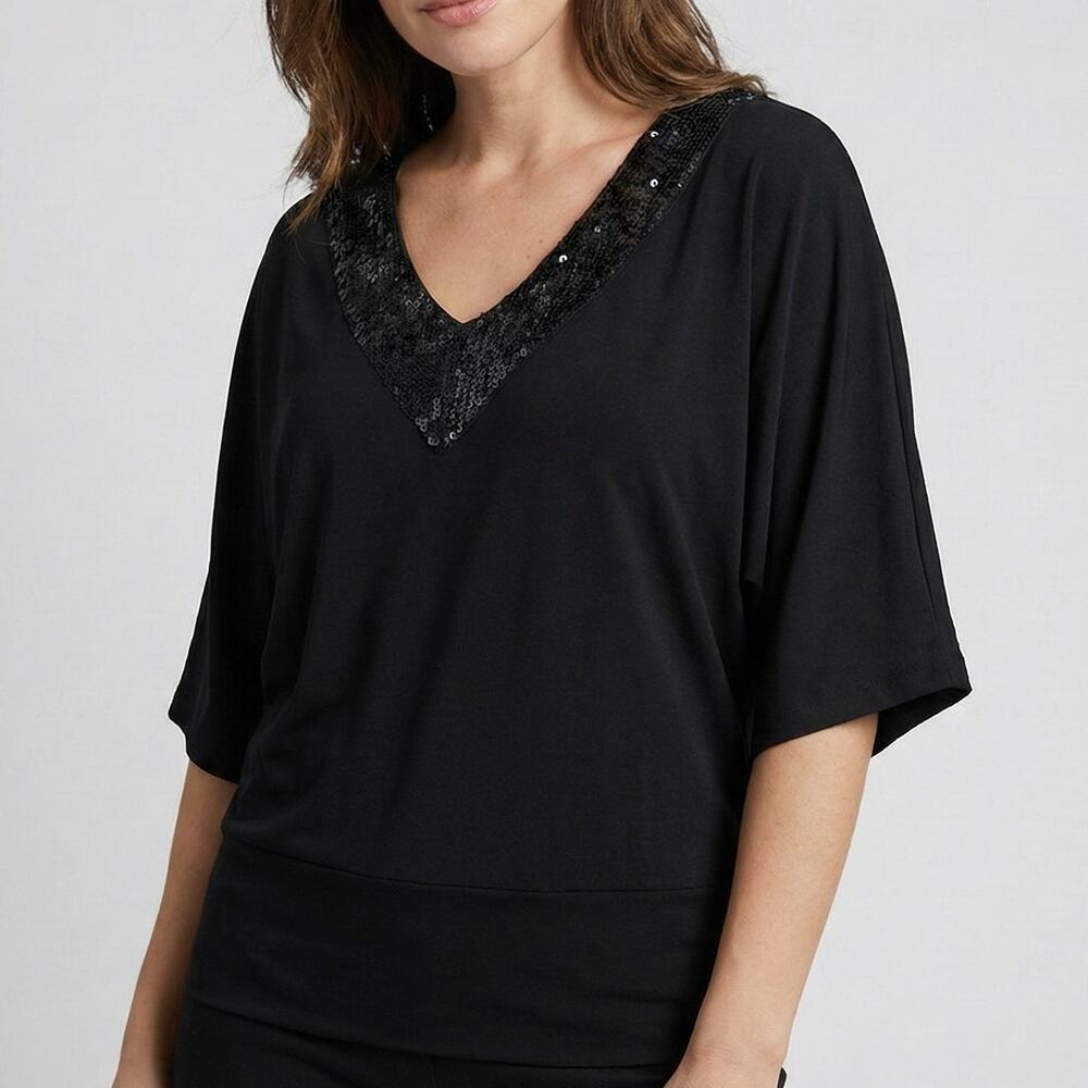 Fleurish Large Black V Neck Sequin Embellished Polyester Shirt NEW NWT